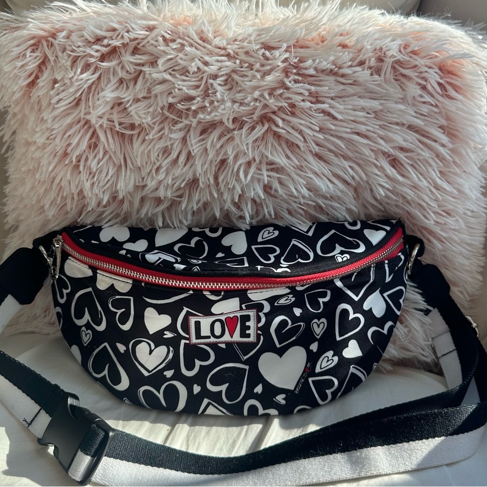 Brighton Black and White Heart Belt Bag with Red Zipper